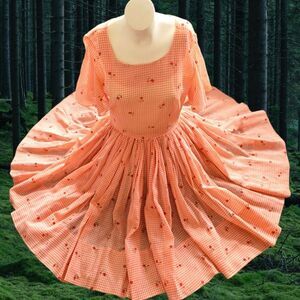 Vintage Sheer Full Circle Gingham Check Flocked Flutter Sleeve 40s Dress‎ M/L